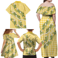 Aloha Puakenikeni Anthurium Pikake Lei Family Matching Off Shoulder Maxi Dress and Hawaiian Shirt Gold Hawaiian Palaka Pattern