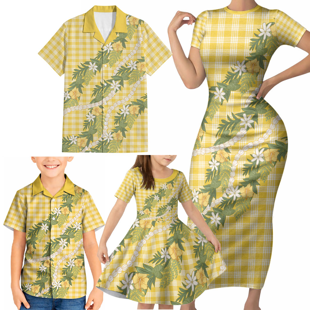 Aloha Puakenikeni Anthurium Pikake Lei Family Matching Short Sleeve Bodycon Dress and Hawaiian Shirt Gold Hawaiian Palaka Pattern LT9 - Polynesian Pride