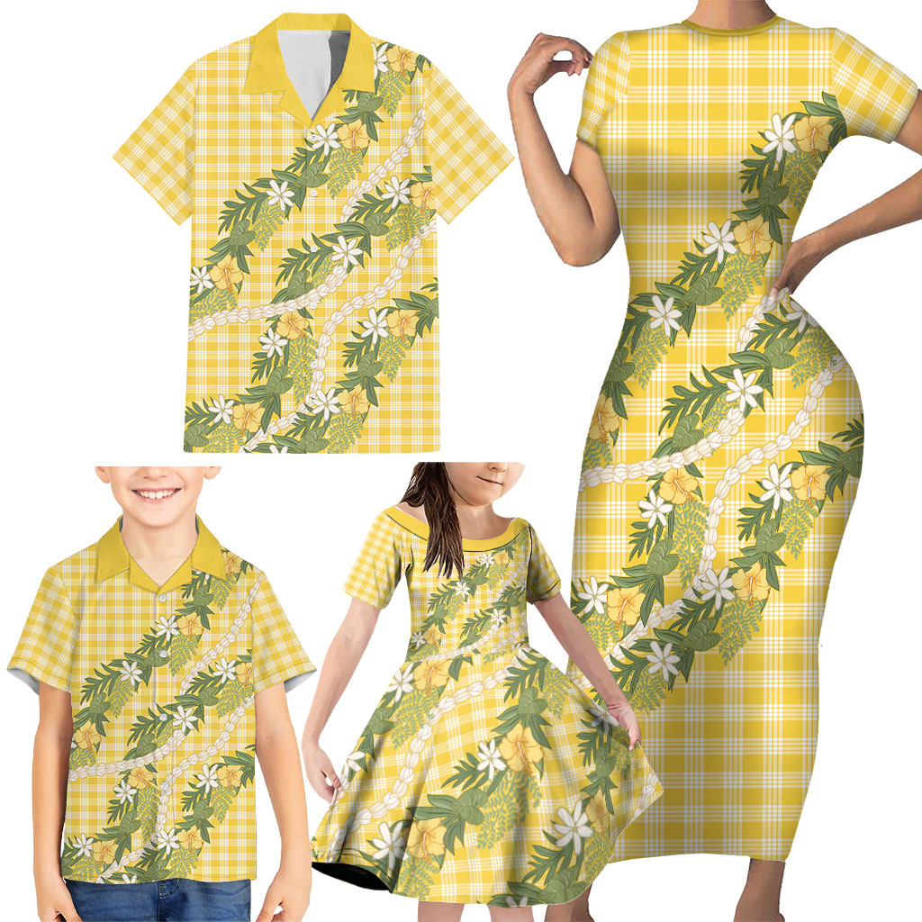 Aloha Puakenikeni Anthurium Pikake Lei Family Matching Short Sleeve Bodycon Dress and Hawaiian Shirt Gold Hawaiian Palaka Pattern LT9 - Polynesian Pride