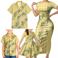 Aloha Puakenikeni Anthurium Pikake Lei Family Matching Short Sleeve Bodycon Dress and Hawaiian Shirt Gold Hawaiian Palaka Pattern LT9 - Polynesian Pride