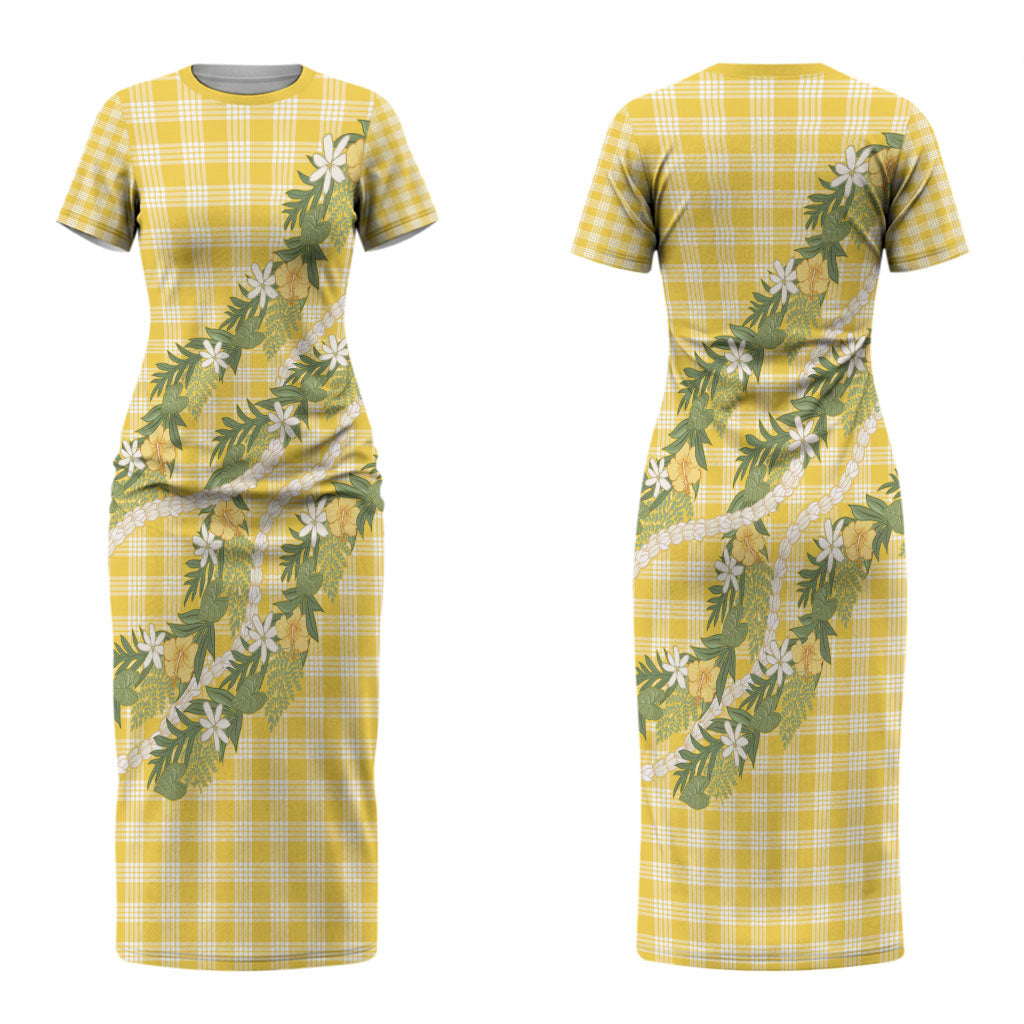 Aloha Puakenikeni Anthurium Pikake Lei Family Matching Short Sleeve Bodycon Dress and Hawaiian Shirt Gold Hawaiian Palaka Pattern LT9 Mom's Dress Gold - Polynesian Pride