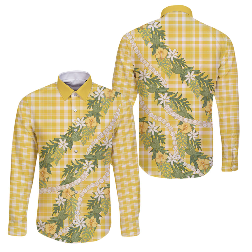 Aloha Puakenikeni Anthurium Pikake Lei Family Matching Short Sleeve Bodycon Dress and Hawaiian Shirt Gold Hawaiian Palaka Pattern LT9 Dad's Shirt - Long Sleeve Gold - Polynesian Pride
