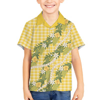 Aloha Puakenikeni Anthurium Pikake Lei Family Matching Summer Maxi Dress and Hawaiian Shirt Gold Hawaiian Palaka Pattern