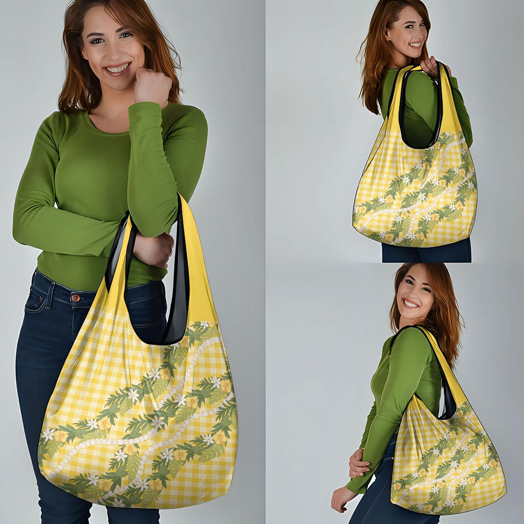 Aloha Puakenikeni Anthurium Pikake Lei Grocery Bag Gold Hawaiian Palaka Pattern