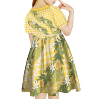 Aloha Puakenikeni Anthurium Pikake Lei Kid Short Sleeve Dress Gold Hawaiian Palaka Pattern LT9 - Polynesian Pride