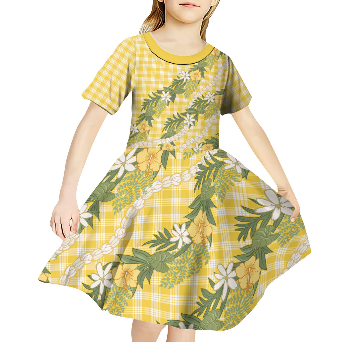 Aloha Puakenikeni Anthurium Pikake Lei Kid Short Sleeve Dress Gold Hawaiian Palaka Pattern LT9 - Polynesian Pride
