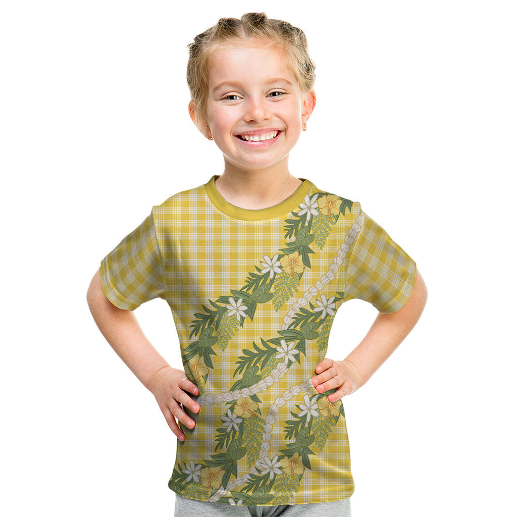 Aloha Puakenikeni Anthurium Pikake Lei Kid T Shirt Gold Hawaiian Palaka Pattern LT9 Gold - Polynesian Pride