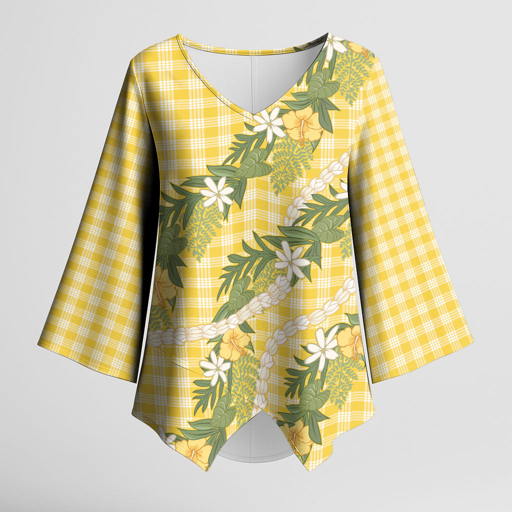 Aloha Puakenikeni Anthurium Pikake Lei Kimono Sleeve Blouse Gold Hawaiian Palaka Pattern LT9 Female Gold - Polynesian Pride