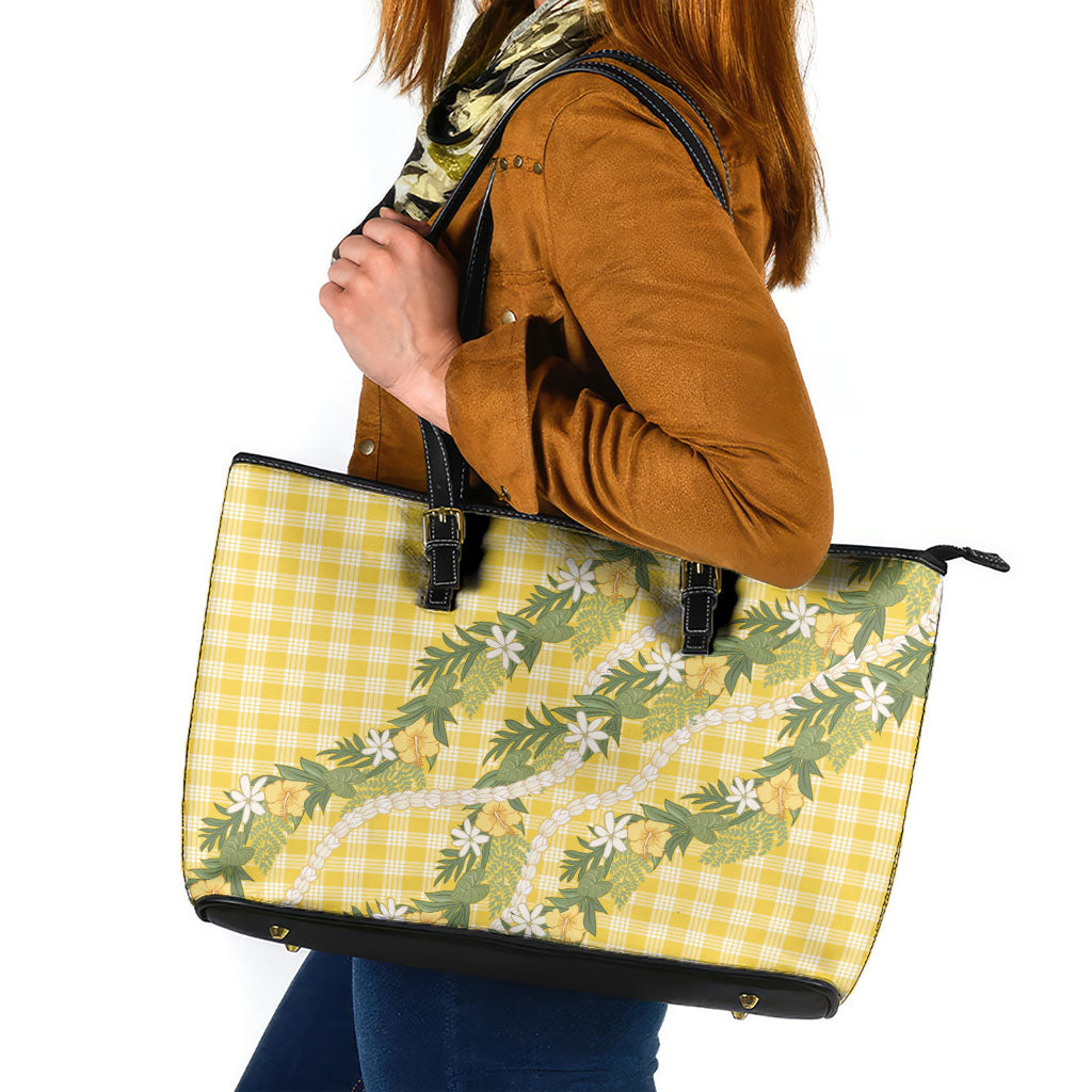 Aloha Puakenikeni Anthurium Pikake Lei Leather Tote Bag Gold Hawaiian Palaka Pattern LT9 Gold - Polynesian Pride