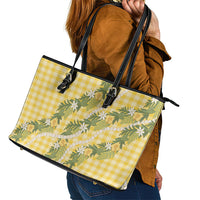 Aloha Puakenikeni Anthurium Pikake Lei Leather Tote Bag Gold Hawaiian Palaka Pattern