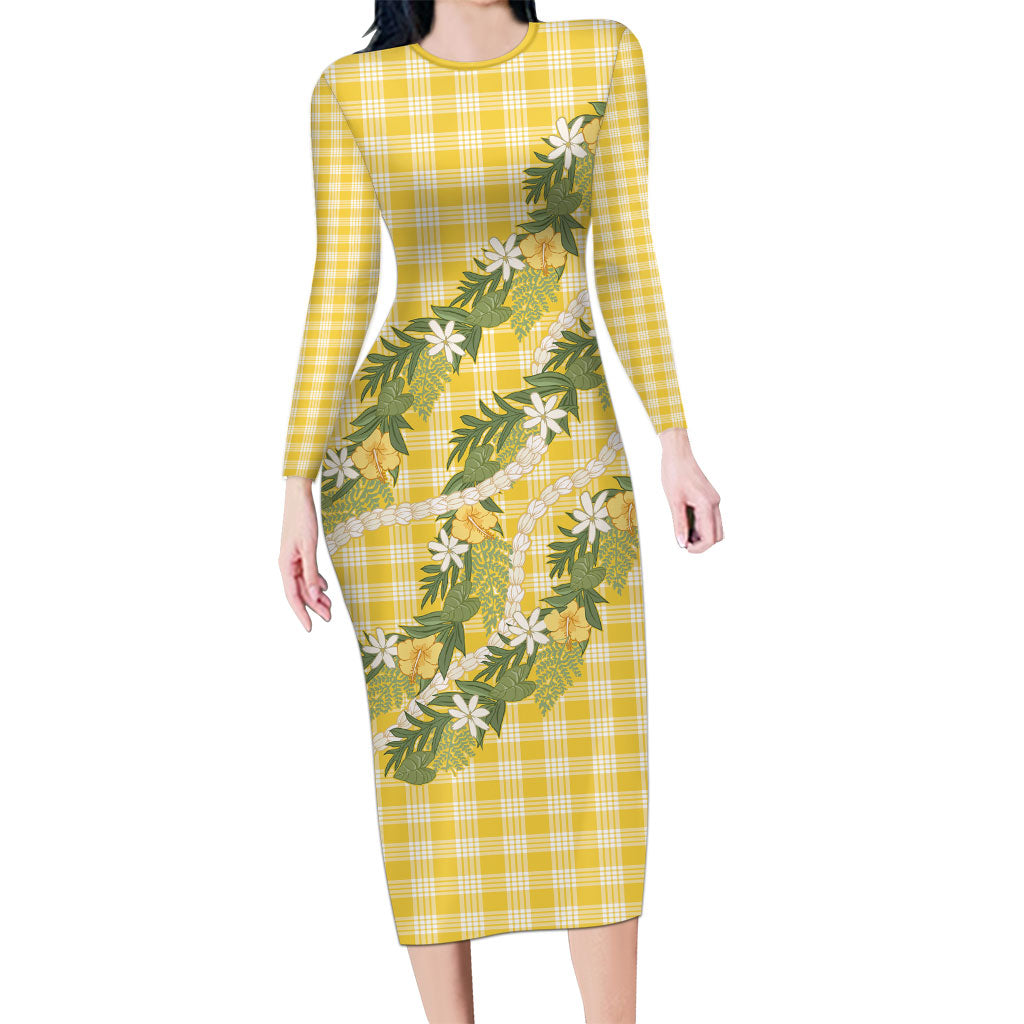 Aloha Puakenikeni Anthurium Pikake Lei Long Sleeve Bodycon Dress Gold Hawaiian Palaka Pattern LT9 Long Dress Gold - Polynesian Pride