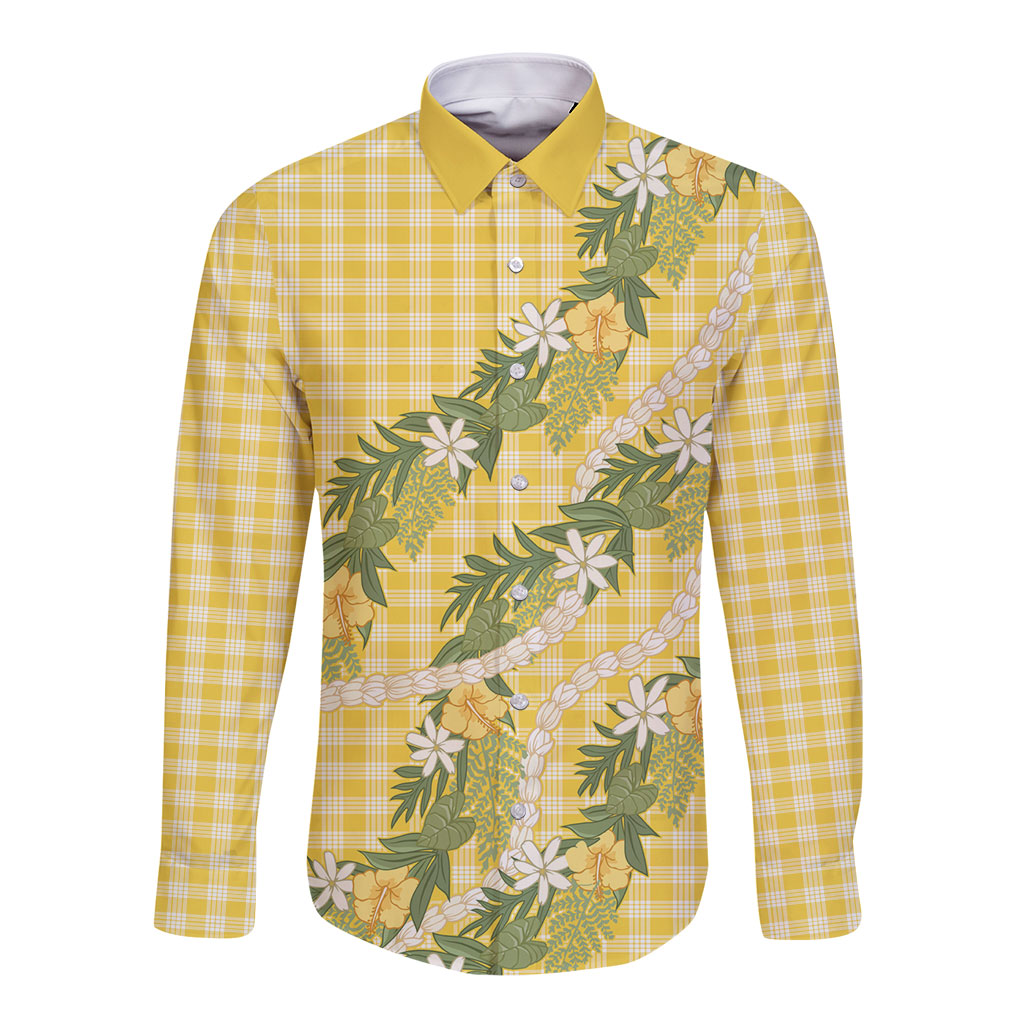 Aloha Puakenikeni Anthurium Pikake Lei Long Sleeve Button Shirt Gold Hawaiian Palaka Pattern LT9 Unisex Gold - Polynesian Pride