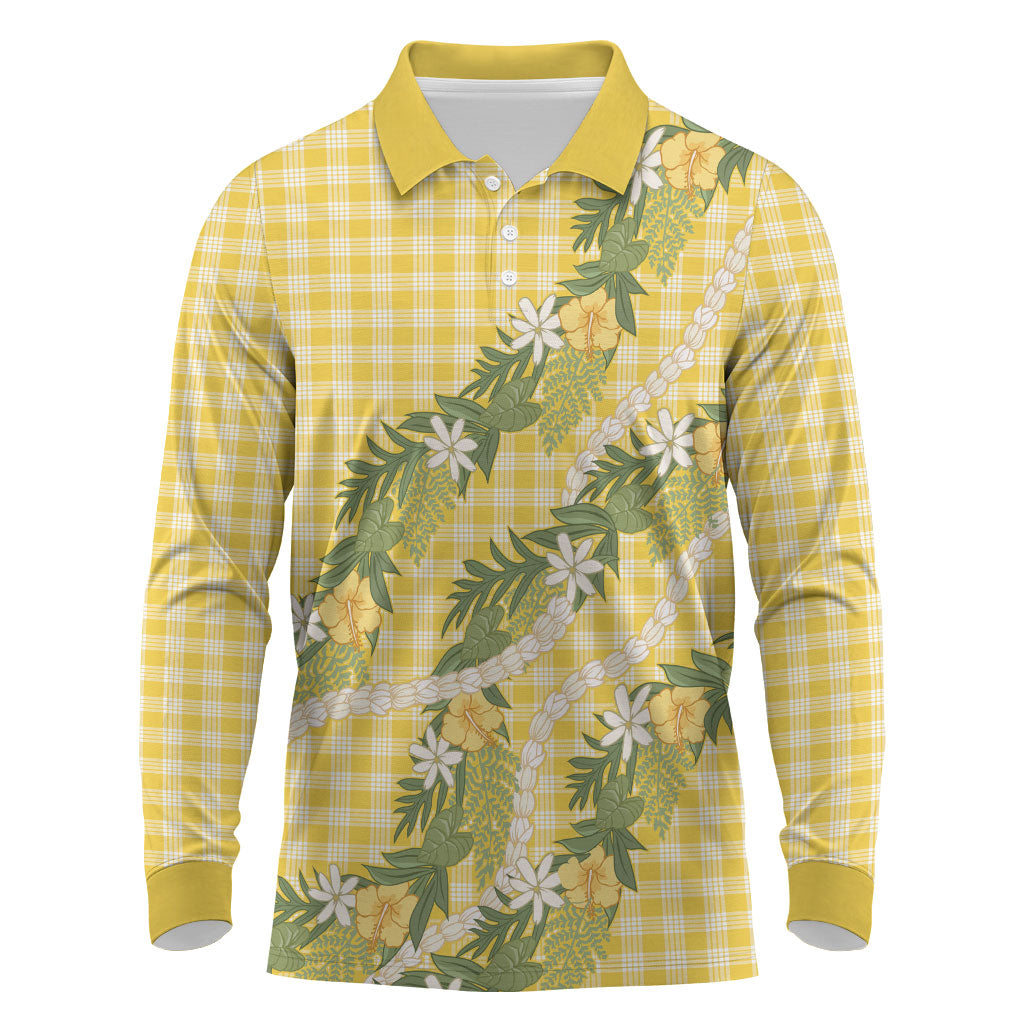 Aloha Puakenikeni Anthurium Pikake Lei Long Sleeve Polo Shirt Gold Hawaiian Palaka Pattern LT9 Gold - Polynesian Pride