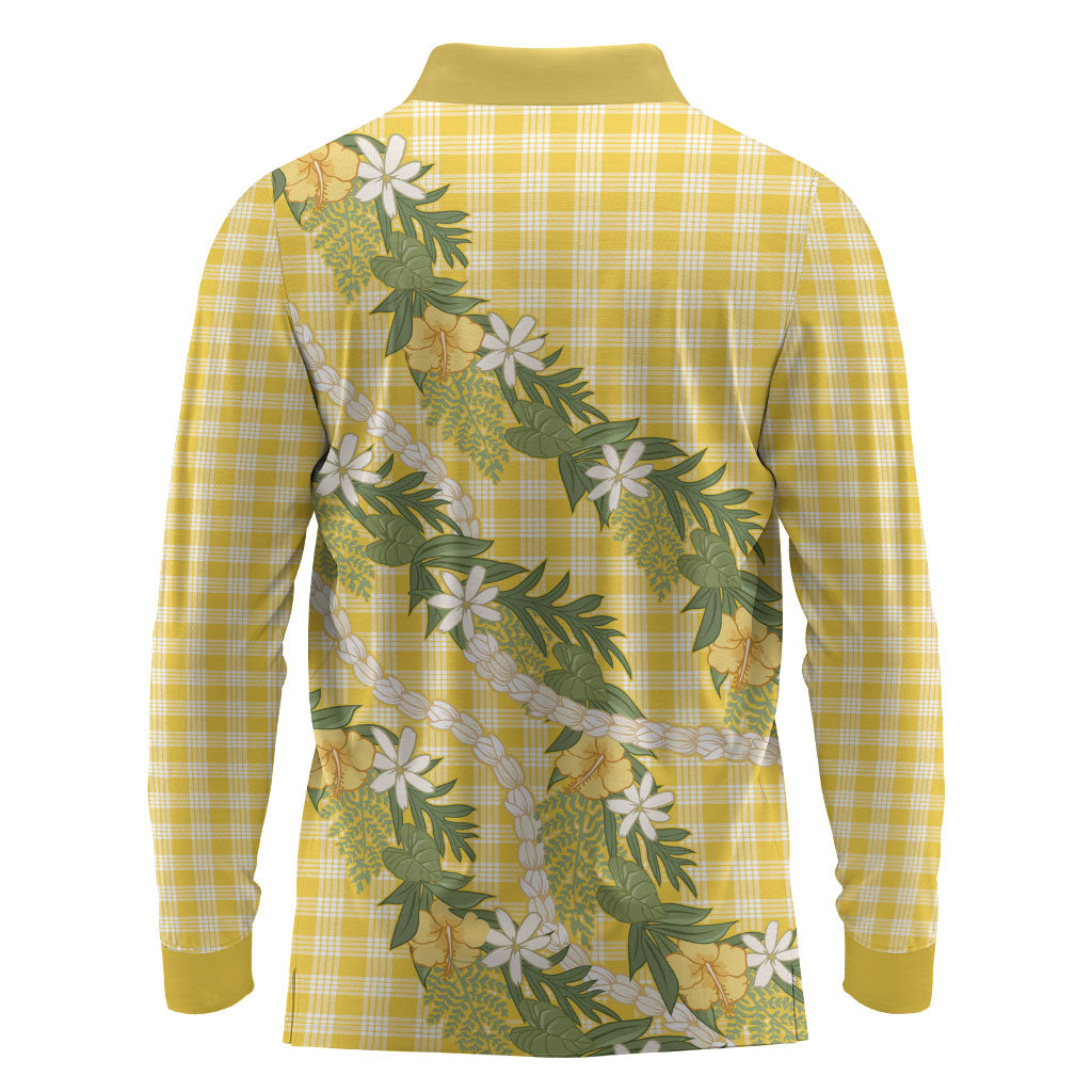 Aloha Puakenikeni Anthurium Pikake Lei Long Sleeve Polo Shirt Gold Hawaiian Palaka Pattern LT9 - Polynesian Pride