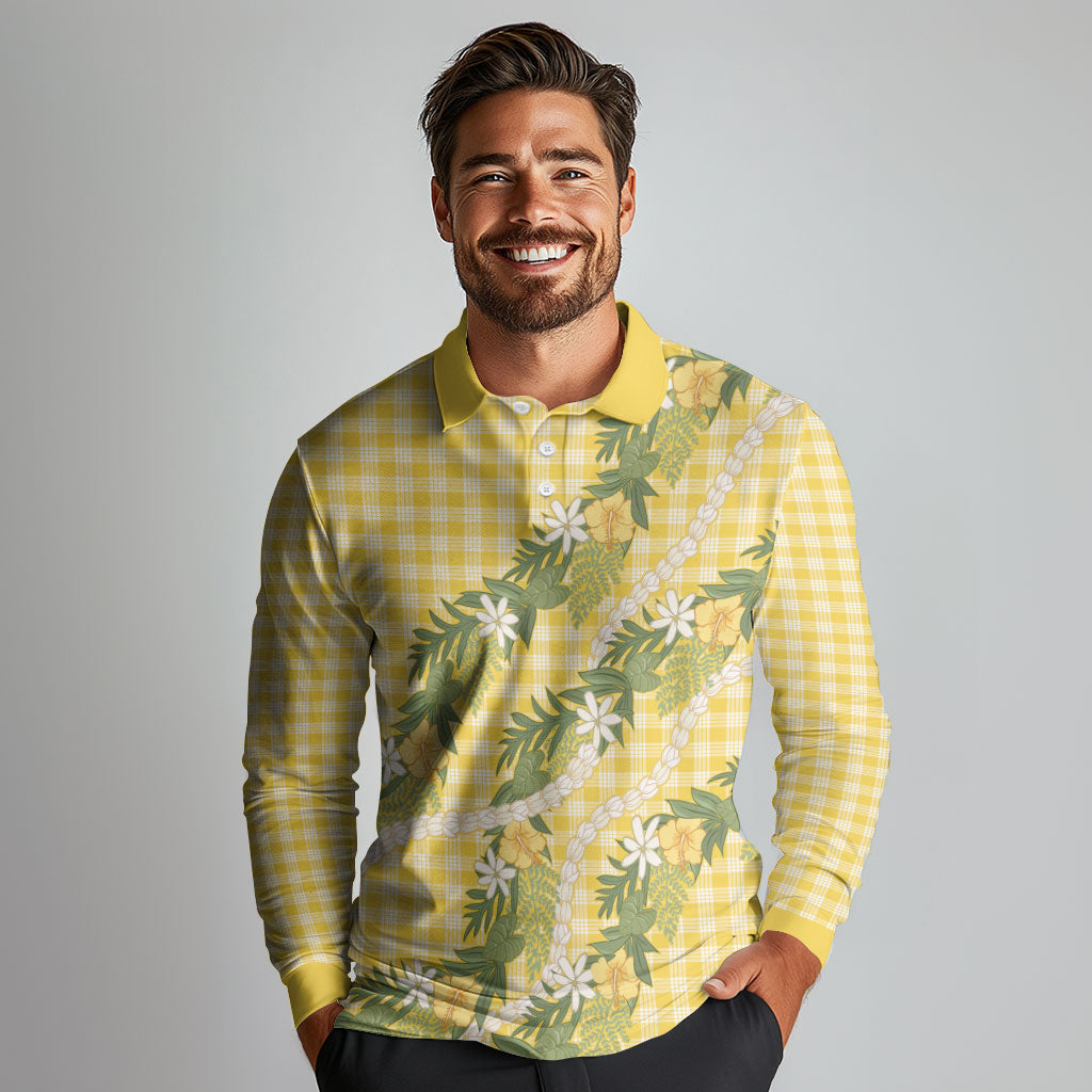 Aloha Puakenikeni Anthurium Pikake Lei Long Sleeve Polo Shirt Gold Hawaiian Palaka Pattern LT9 - Polynesian Pride