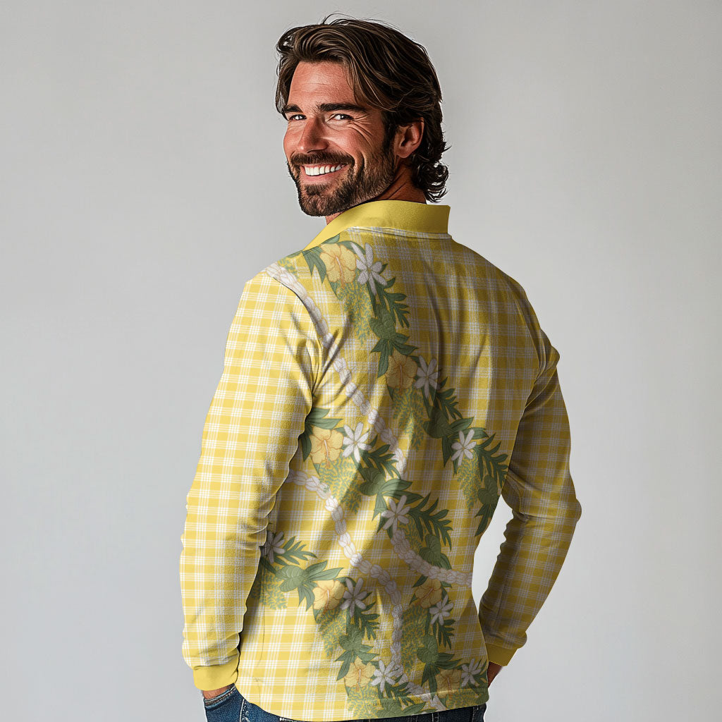 Aloha Puakenikeni Anthurium Pikake Lei Long Sleeve Polo Shirt Gold Hawaiian Palaka Pattern LT9 - Polynesian Pride