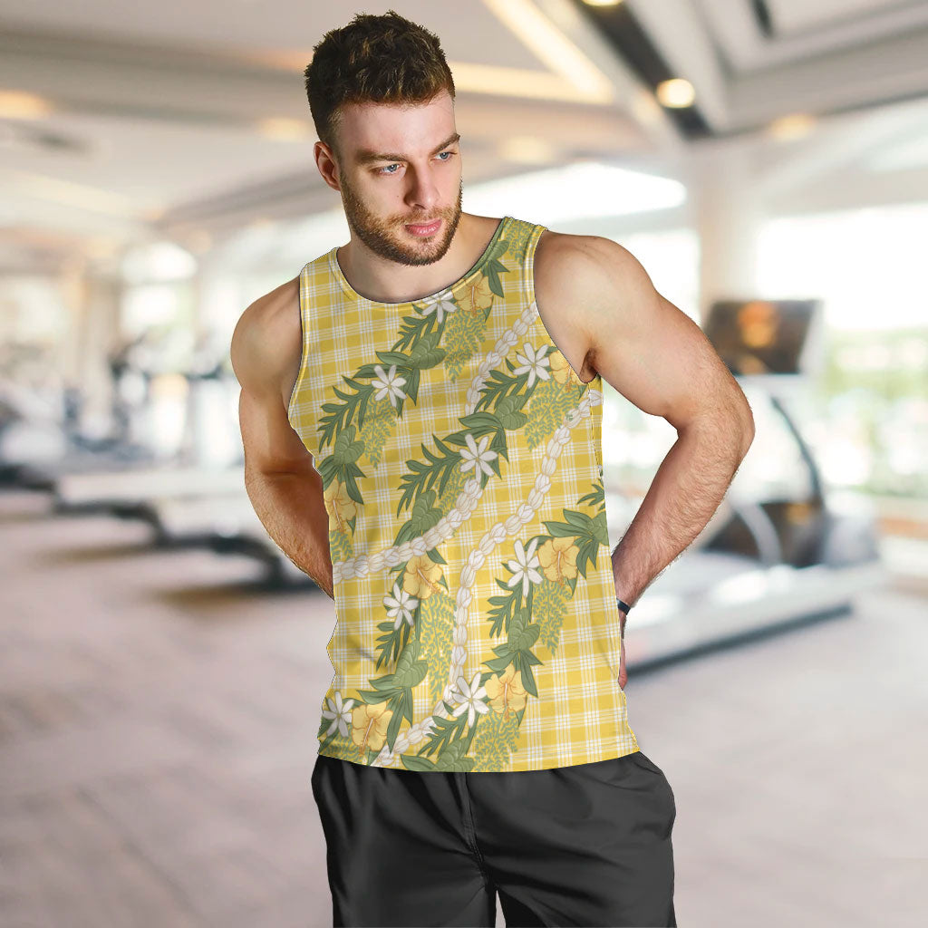 Aloha Puakenikeni Anthurium Pikake Lei Men Tank Top Gold Hawaiian Palaka Pattern LT9 Gold - Polynesian Pride