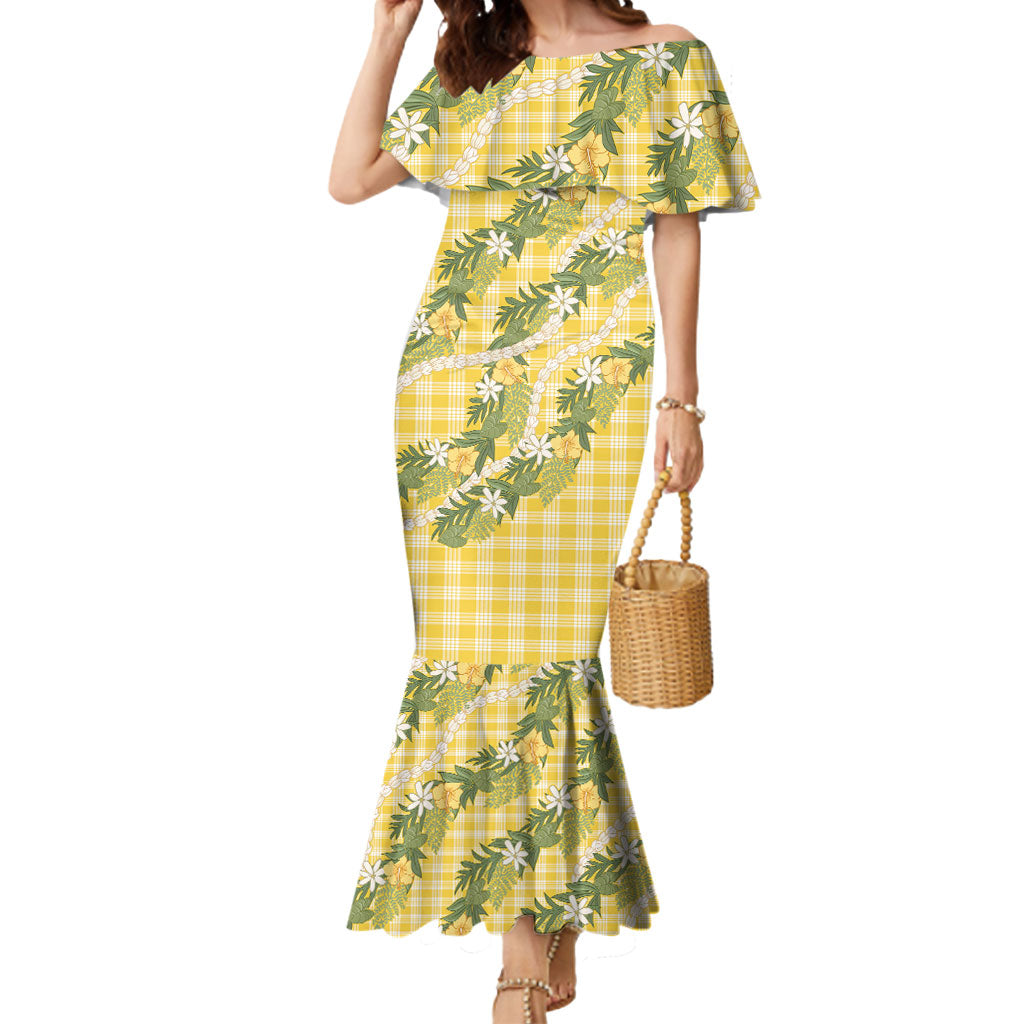 Aloha Puakenikeni Anthurium Pikake Lei Mermaid Dress Gold Hawaiian Palaka Pattern LT9 Women Gold - Polynesian Pride
