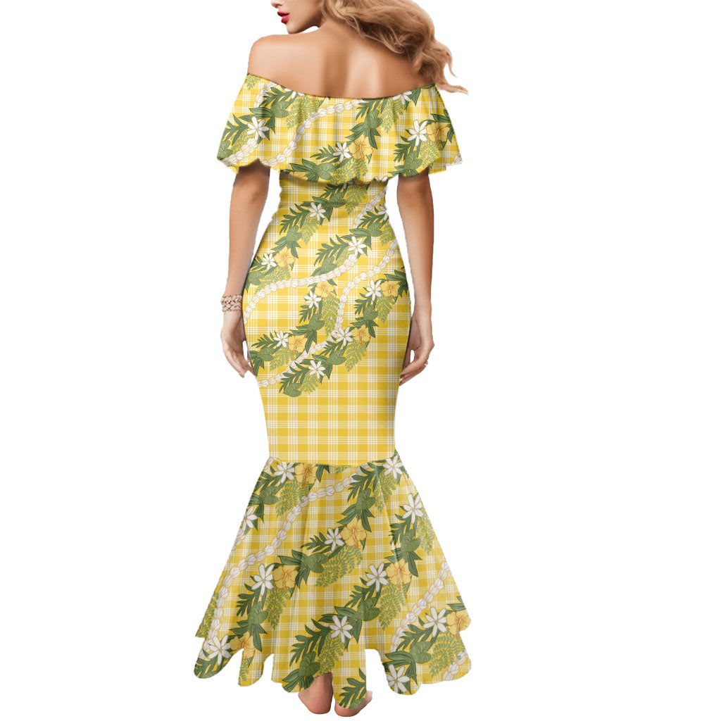 Aloha Puakenikeni Anthurium Pikake Lei Mermaid Dress Gold Hawaiian Palaka Pattern LT9 - Polynesian Pride