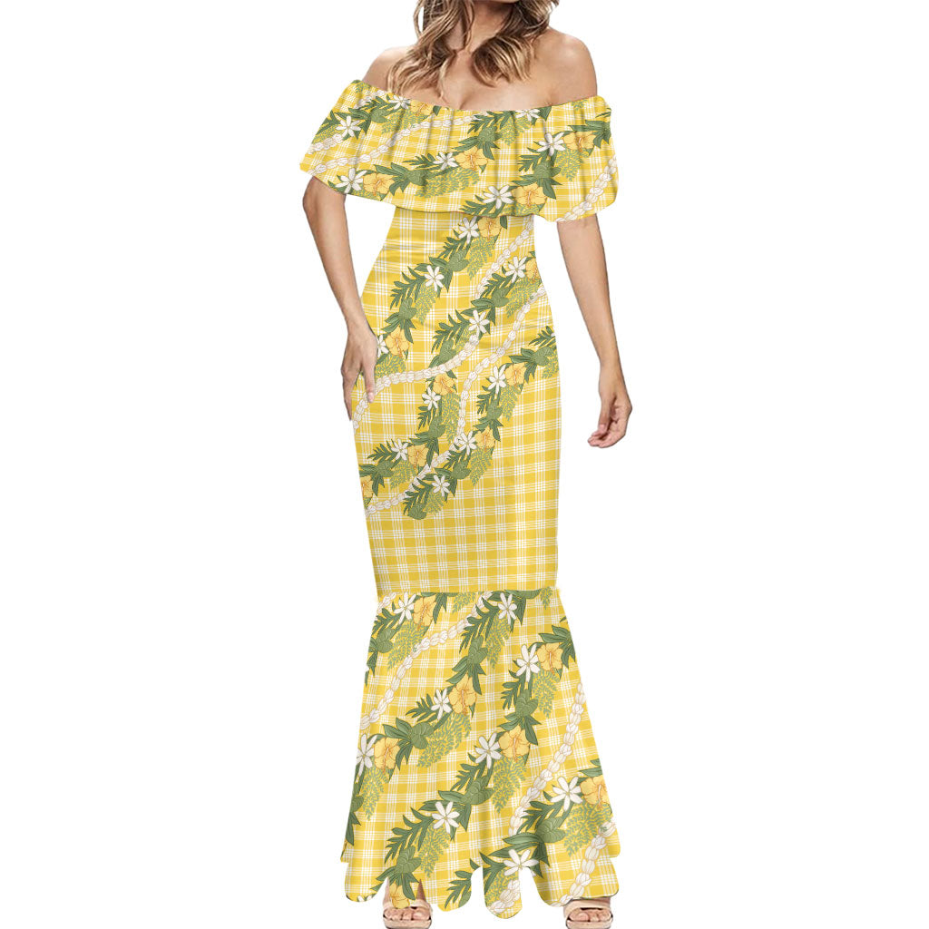 Aloha Puakenikeni Anthurium Pikake Lei Mermaid Dress Gold Hawaiian Palaka Pattern LT9 - Polynesian Pride