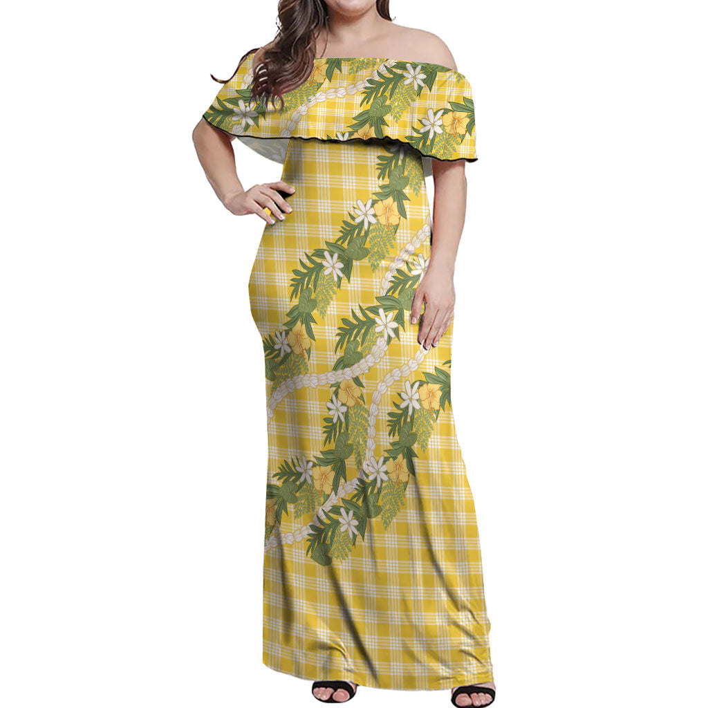 Aloha Puakenikeni Anthurium Pikake Lei Off Shoulder Maxi Dress Gold Hawaiian Palaka Pattern