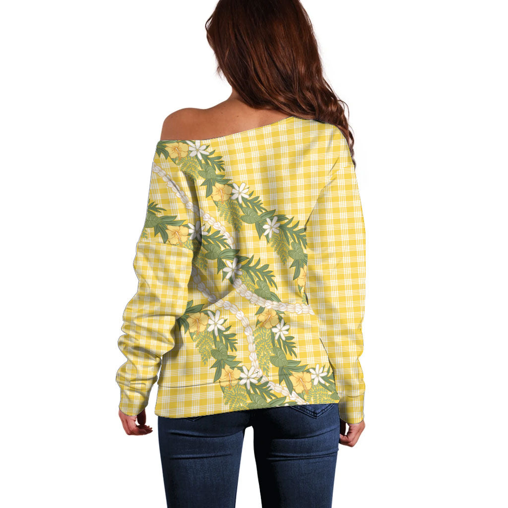 Aloha Puakenikeni Anthurium Pikake Lei Off Shoulder Sweater Gold Hawaiian Palaka Pattern LT9 - Polynesian Pride