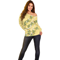 Aloha Puakenikeni Anthurium Pikake Lei Off Shoulder Sweater Gold Hawaiian Palaka Pattern LT9 - Polynesian Pride
