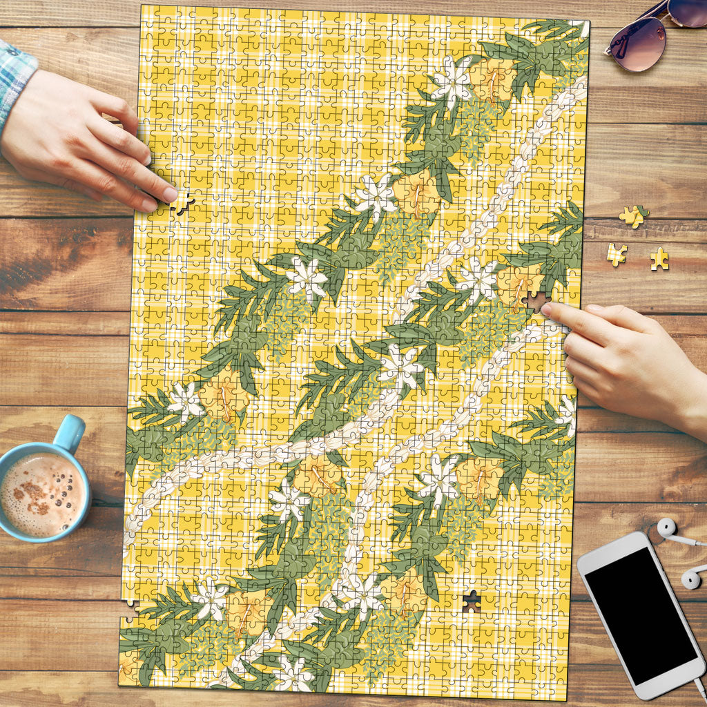 Aloha Puakenikeni Anthurium Pikake Lei Puzzle Gold Hawaiian Palaka Pattern LT9 Gold - Polynesian Pride