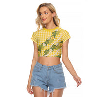 Aloha Puakenikeni Anthurium Pikake Lei Raglan Cropped T Shirt Gold Hawaiian Palaka Pattern LT9 Female Gold - Polynesian Pride