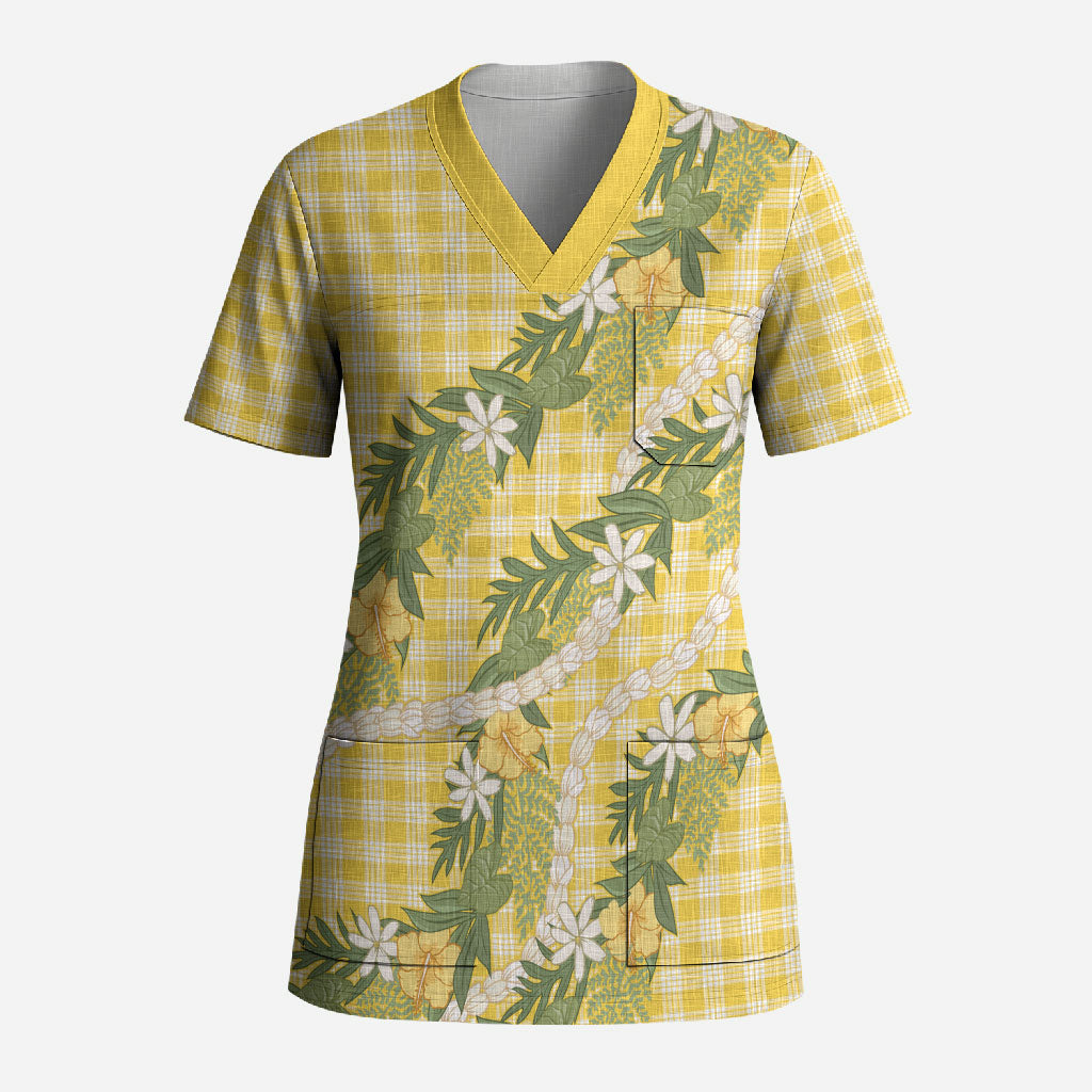 Aloha Puakenikeni Anthurium Pikake Lei Scrub Top Gold Hawaiian Palaka Pattern LT9 Adult Gold - Polynesian Pride