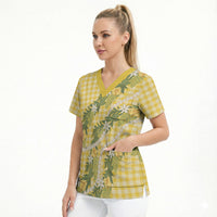 Aloha Puakenikeni Anthurium Pikake Lei Scrub Top Gold Hawaiian Palaka Pattern