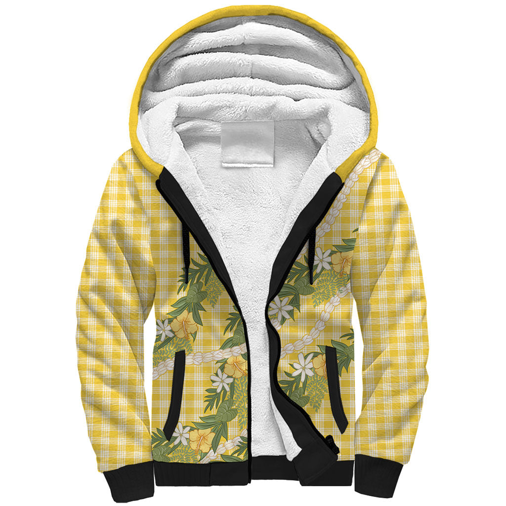Aloha Puakenikeni Anthurium Pikake Lei Sherpa Hoodie Gold Hawaiian Palaka Pattern