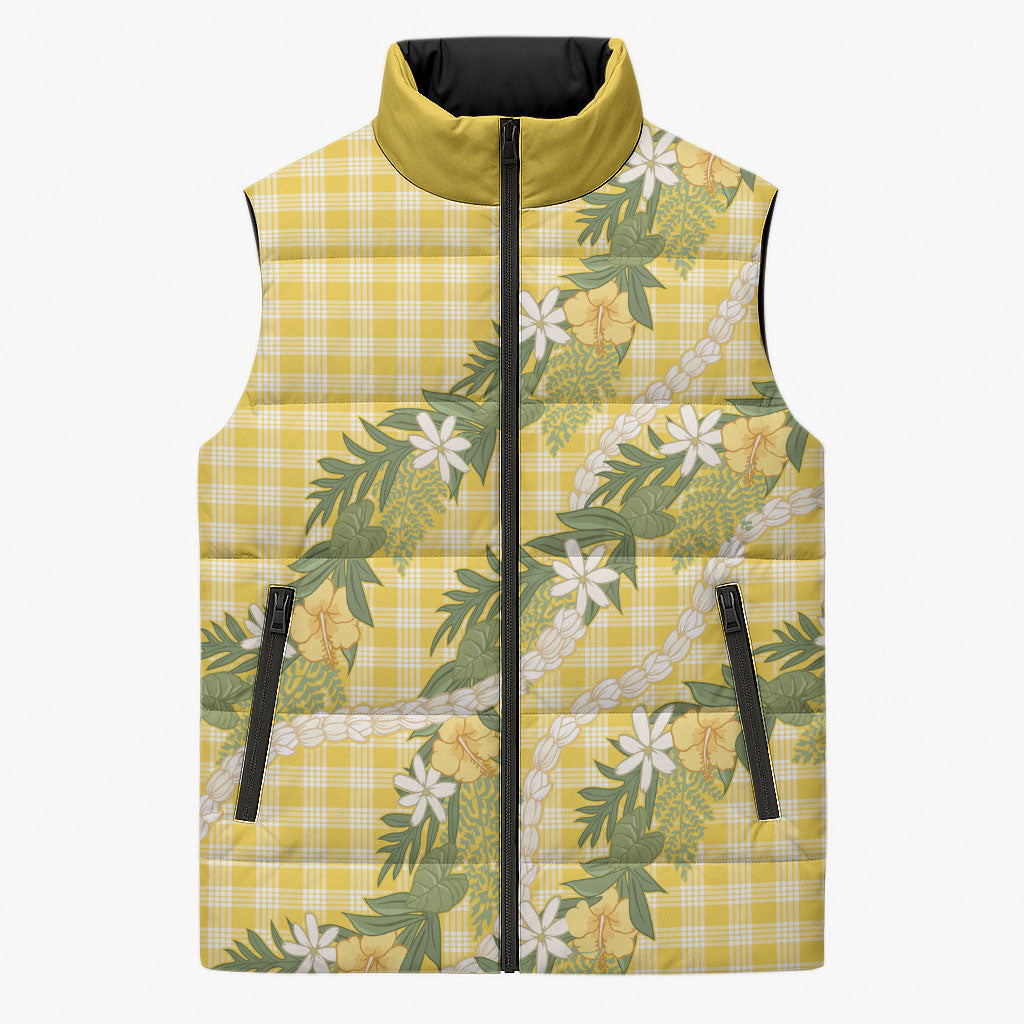 Aloha Puakenikeni Anthurium Pikake Lei Sleeveless Puffer Jacket Gold Hawaiian Palaka Pattern LT9 Unisex Gold - Polynesian Pride
