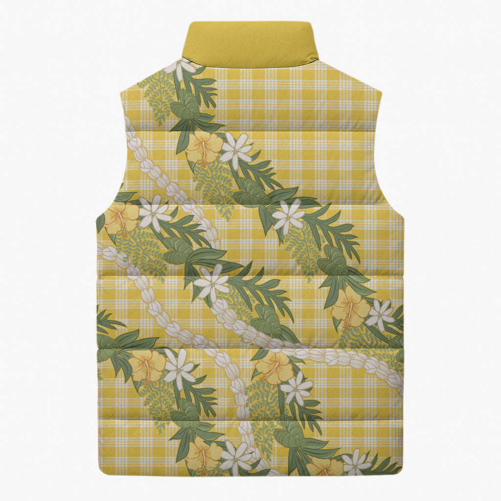 Aloha Puakenikeni Anthurium Pikake Lei Sleeveless Puffer Jacket Gold Hawaiian Palaka Pattern LT9 - Polynesian Pride