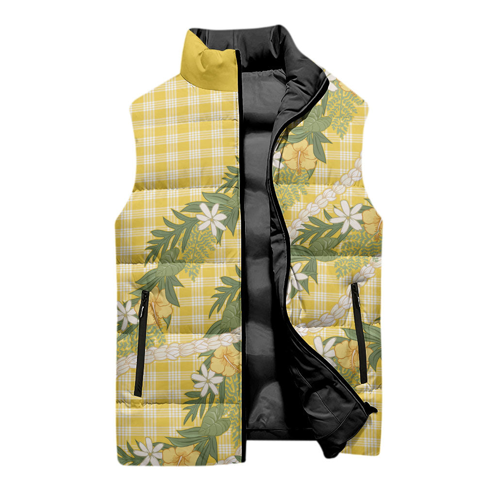 Aloha Puakenikeni Anthurium Pikake Lei Sleeveless Puffer Jacket Gold Hawaiian Palaka Pattern LT9 - Polynesian Pride