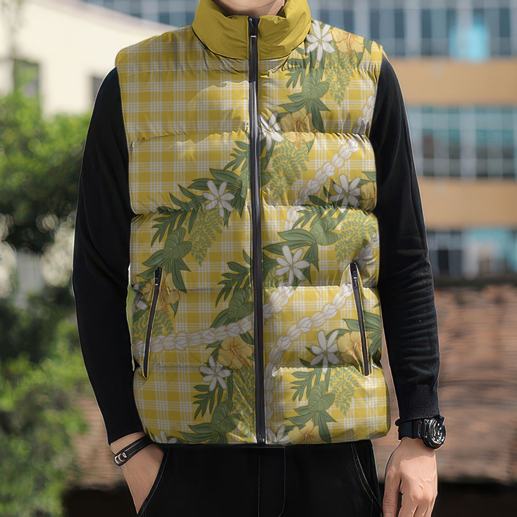 Aloha Puakenikeni Anthurium Pikake Lei Sleeveless Puffer Jacket Gold Hawaiian Palaka Pattern LT9 - Polynesian Pride