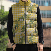 Aloha Puakenikeni Anthurium Pikake Lei Sleeveless Puffer Jacket Gold Hawaiian Palaka Pattern LT9 - Polynesian Pride