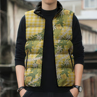 Aloha Puakenikeni Anthurium Pikake Lei Sleeveless Puffer Jacket Gold Hawaiian Palaka Pattern LT9 - Polynesian Pride