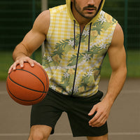 Aloha Puakenikeni Anthurium Pikake Lei Sleeveless Zip Hoodie Gold Hawaiian Palaka Pattern LT9 - Polynesian Pride
