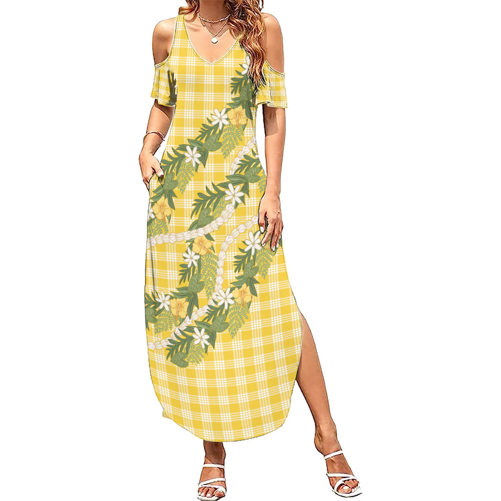 Aloha Puakenikeni Anthurium Pikake Lei Summer Maxi Dress Gold Hawaiian Palaka Pattern LT9 Women Gold - Polynesian Pride