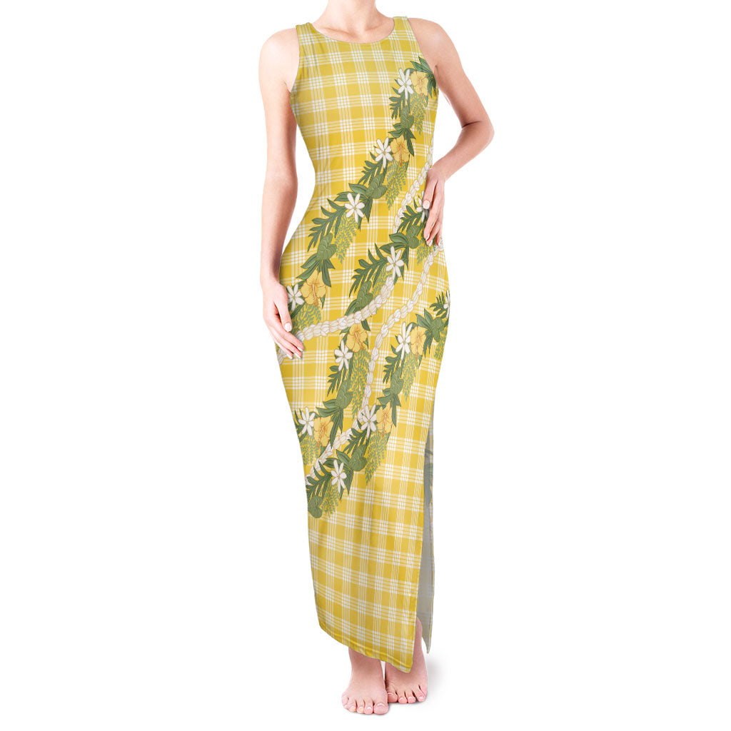 Aloha Puakenikeni Anthurium Pikake Lei Tank Maxi Dress Gold Hawaiian Palaka Pattern LT9 Women Gold - Polynesian Pride
