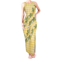 Aloha Puakenikeni Anthurium Pikake Lei Tank Maxi Dress Gold Hawaiian Palaka Pattern LT9 Women Gold - Polynesian Pride