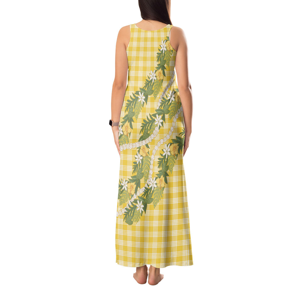 Aloha Puakenikeni Anthurium Pikake Lei Tank Maxi Dress Gold Hawaiian Palaka Pattern LT9 - Polynesian Pride