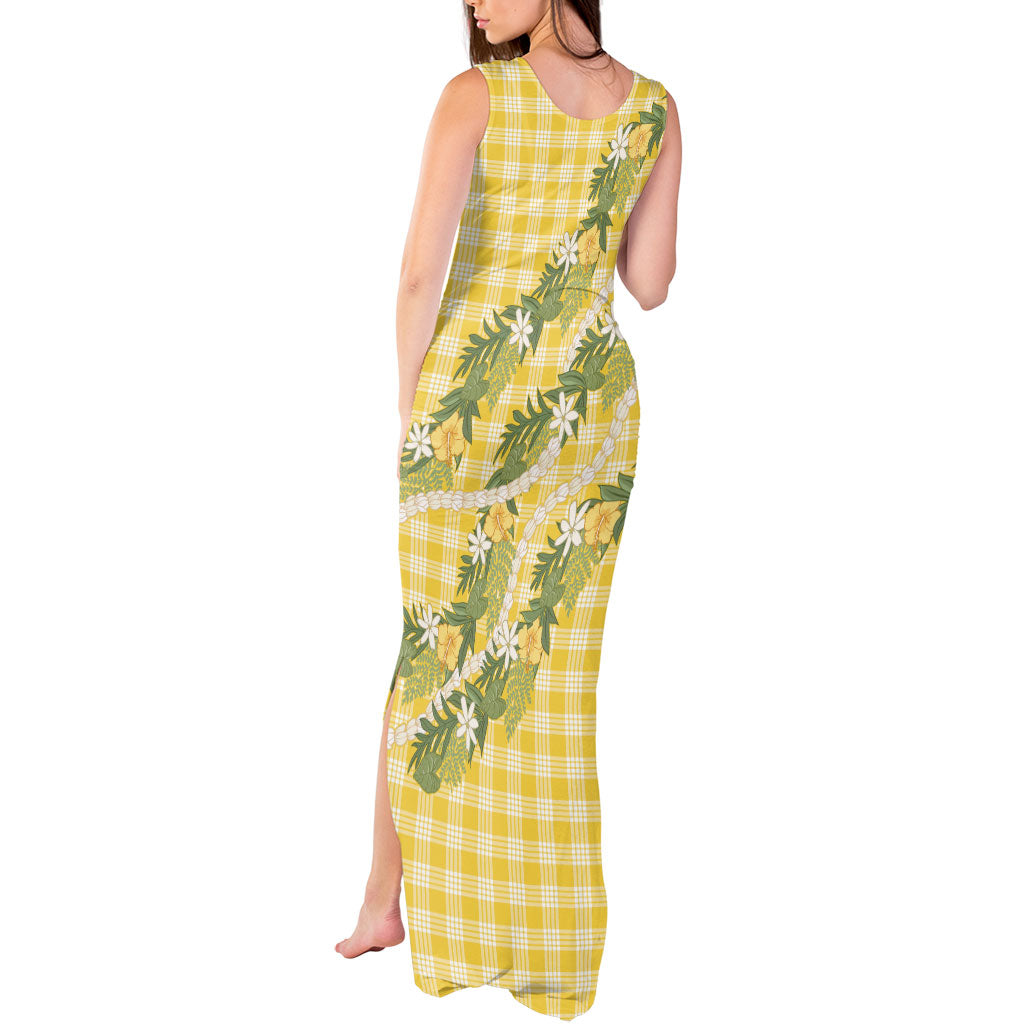 Aloha Puakenikeni Anthurium Pikake Lei Tank Maxi Dress Gold Hawaiian Palaka Pattern LT9 - Polynesian Pride