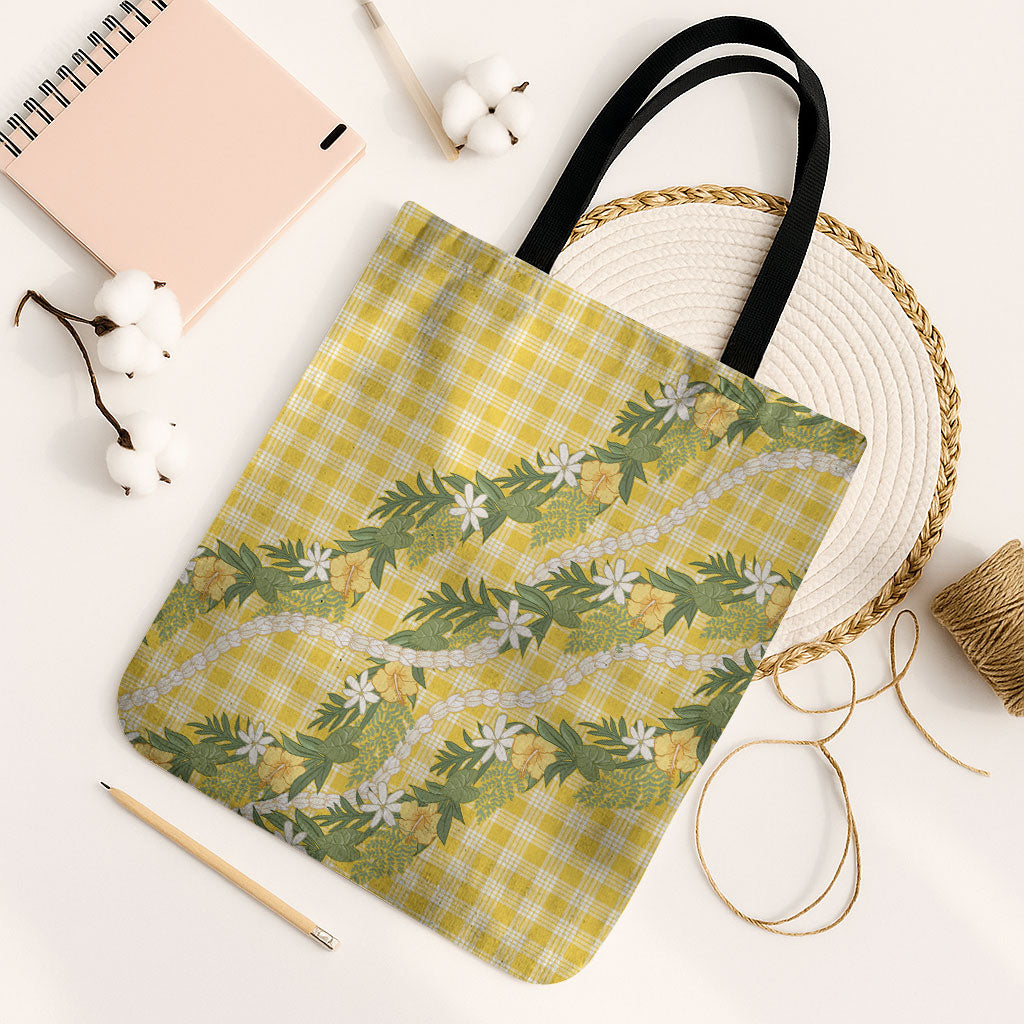 Aloha Puakenikeni Anthurium Pikake Lei Tote Bag Gold Hawaiian Palaka Pattern LT9 Black Strap One Size Gold - Polynesian Pride