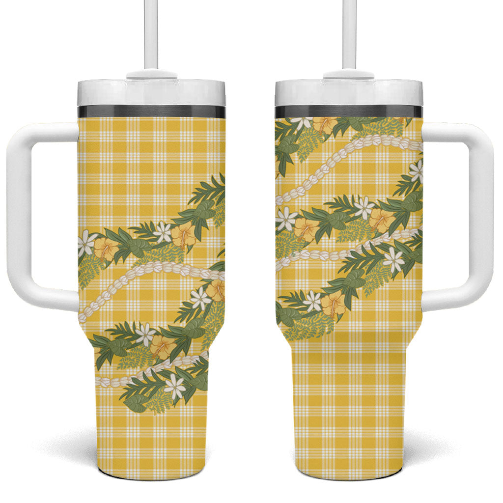 Aloha Puakenikeni Anthurium Pikake Lei Tumbler With Handle Gold Hawaiian Palaka Pattern LT9 One Size: 40 oz Gold - Polynesian Pride
