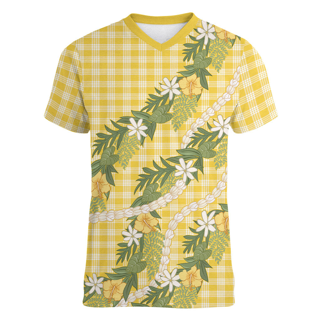 Aloha Puakenikeni Anthurium Pikake Lei Women V-Neck T-Shirt Gold Hawaiian Palaka Pattern