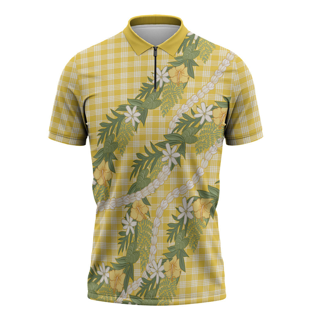 Aloha Puakenikeni Anthurium Pikake Lei Zipper Polo Shirt Gold Hawaiian Palaka Pattern LT9 Gold - Polynesian Pride