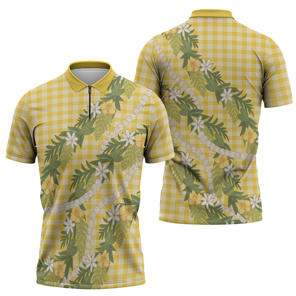 Aloha Puakenikeni Anthurium Pikake Lei Zipper Polo Shirt Gold Hawaiian Palaka Pattern LT9 - Polynesian Pride