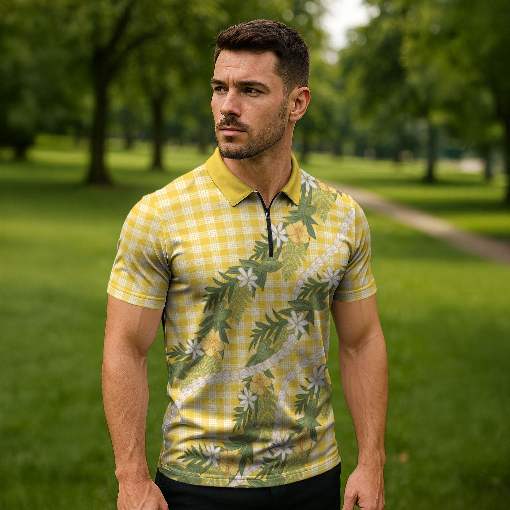 Aloha Puakenikeni Anthurium Pikake Lei Zipper Polo Shirt Gold Hawaiian Palaka Pattern LT9 - Polynesian Pride